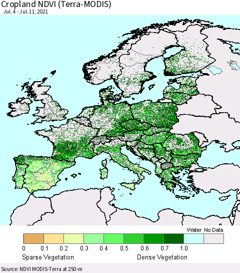 Europe Cropland NDVI (Terra-MODIS) Thematic Map For 7/4/2021 - 7/11/2021