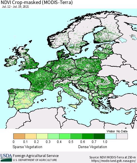 Europe Cropland NDVI (Terra-MODIS) Thematic Map For 7/11/2021 - 7/20/2021