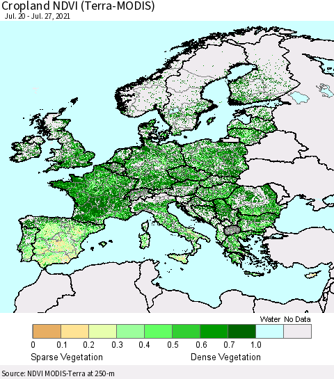 Europe Cropland NDVI (Terra-MODIS) Thematic Map For 7/20/2021 - 7/27/2021