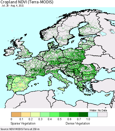 Europe Cropland NDVI (Terra-MODIS) Thematic Map For 7/28/2021 - 8/4/2021