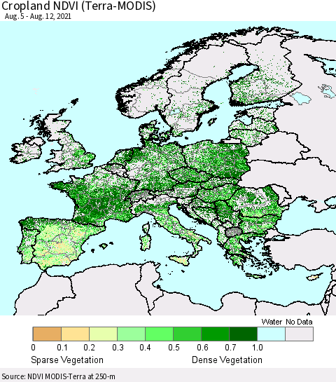 Europe Cropland NDVI (Terra-MODIS) Thematic Map For 8/5/2021 - 8/12/2021