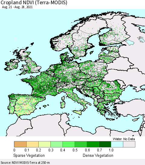 Europe Cropland NDVI (Terra-MODIS) Thematic Map For 8/21/2021 - 8/28/2021