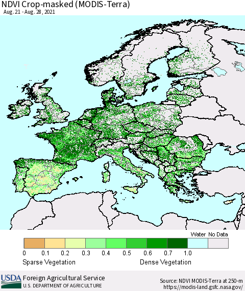 Europe Cropland NDVI (Terra-MODIS) Thematic Map For 8/21/2021 - 8/31/2021