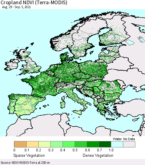 Europe Cropland NDVI (Terra-MODIS) Thematic Map For 8/29/2021 - 9/5/2021
