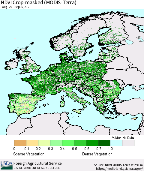 Europe Cropland NDVI (Terra-MODIS) Thematic Map For 9/1/2021 - 9/10/2021