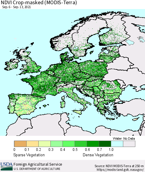 Europe Cropland NDVI (Terra-MODIS) Thematic Map For 9/11/2021 - 9/20/2021