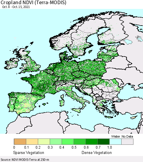 Europe Cropland NDVI (Terra-MODIS) Thematic Map For 10/8/2021 - 10/15/2021