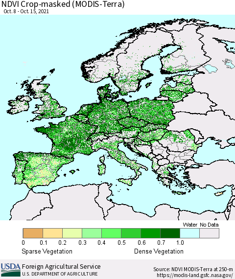 Europe Cropland NDVI (Terra-MODIS) Thematic Map For 10/11/2021 - 10/20/2021