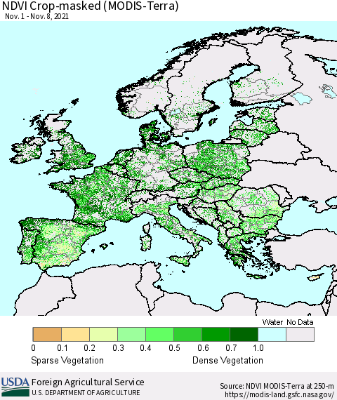 Europe Cropland NDVI (Terra-MODIS) Thematic Map For 11/1/2021 - 11/10/2021