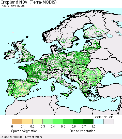 Europe Cropland NDVI (Terra-MODIS) Thematic Map For 11/9/2021 - 11/16/2021