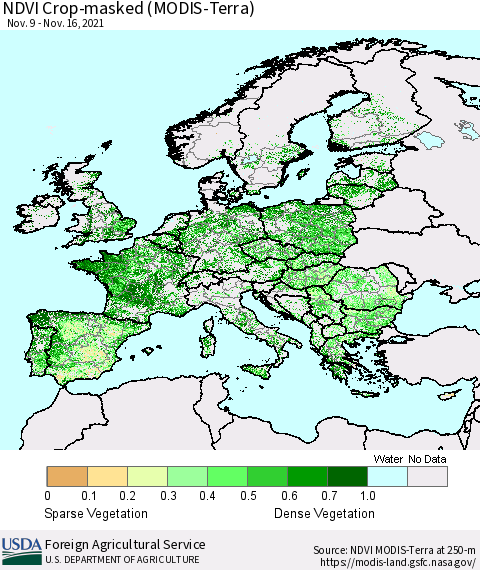 Europe Cropland NDVI (Terra-MODIS) Thematic Map For 11/11/2021 - 11/20/2021
