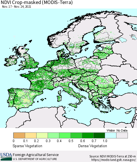 Europe Cropland NDVI (Terra-MODIS) Thematic Map For 11/21/2021 - 11/30/2021