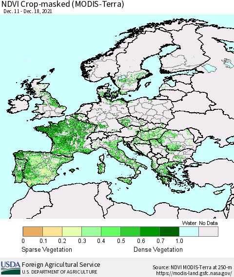 Europe Cropland NDVI (Terra-MODIS) Thematic Map For 12/11/2021 - 12/20/2021