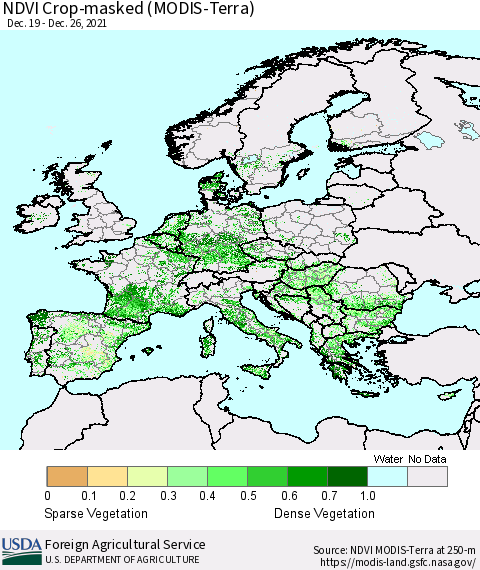 Europe Cropland NDVI (Terra-MODIS) Thematic Map For 12/21/2021 - 12/31/2021