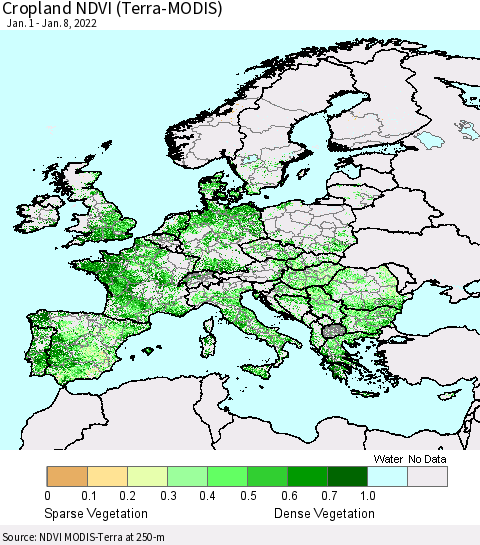 Europe Cropland NDVI (Terra-MODIS) Thematic Map For 1/1/2022 - 1/8/2022