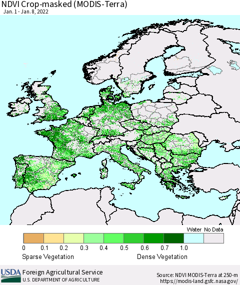 Europe Cropland NDVI (Terra-MODIS) Thematic Map For 1/1/2022 - 1/10/2022