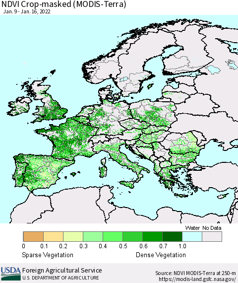Europe Cropland NDVI (Terra-MODIS) Thematic Map For 1/11/2022 - 1/20/2022