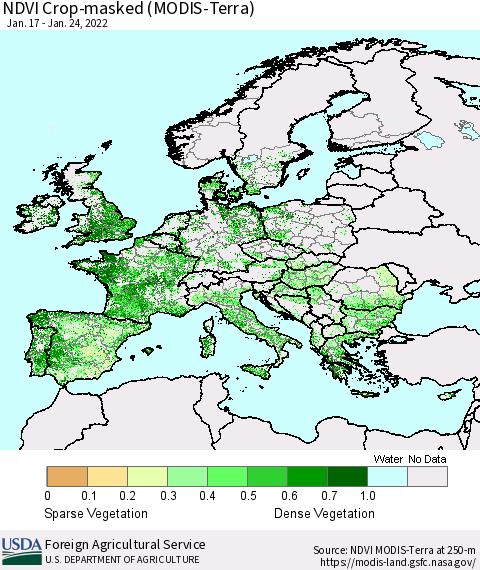 Europe Cropland NDVI (Terra-MODIS) Thematic Map For 1/21/2022 - 1/31/2022