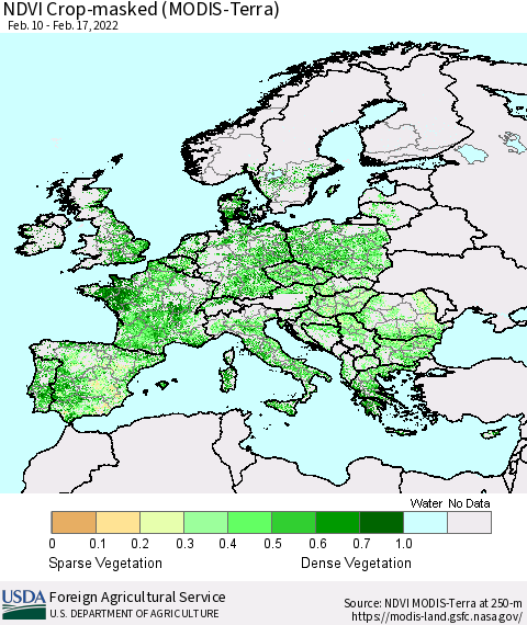 Europe Cropland NDVI (Terra-MODIS) Thematic Map For 2/11/2022 - 2/20/2022