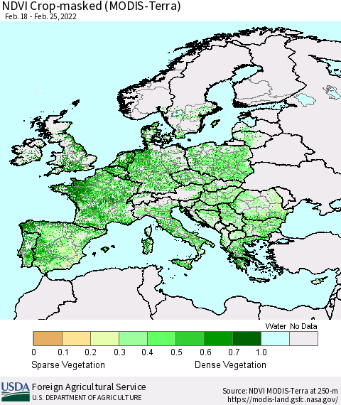 Europe Cropland NDVI (Terra-MODIS) Thematic Map For 2/21/2022 - 2/28/2022