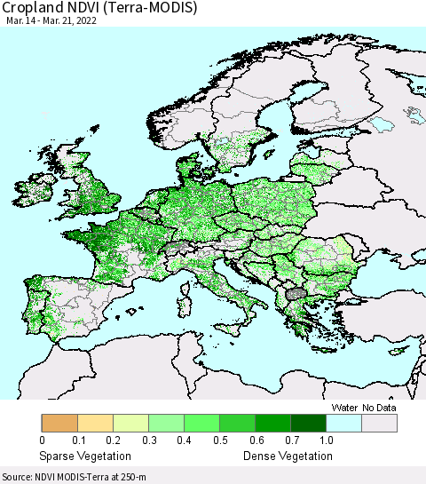Europe Cropland NDVI (Terra-MODIS) Thematic Map For 3/14/2022 - 3/21/2022