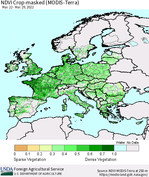 Europe Cropland NDVI (Terra-MODIS) Thematic Map For 3/21/2022 - 3/31/2022