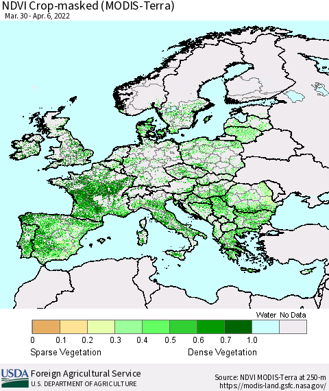 Europe Cropland NDVI (Terra-MODIS) Thematic Map For 4/1/2022 - 4/10/2022