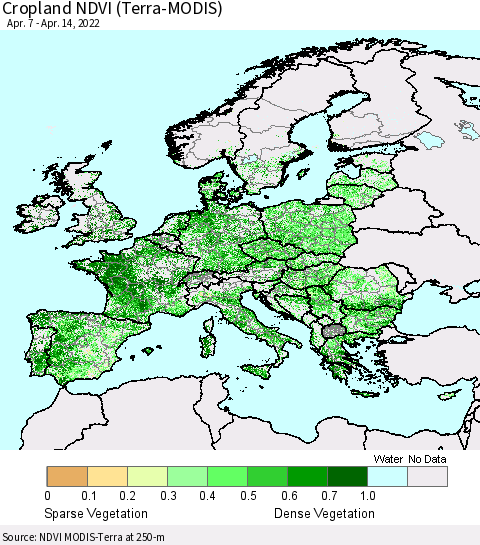 Europe Cropland NDVI (Terra-MODIS) Thematic Map For 4/7/2022 - 4/14/2022