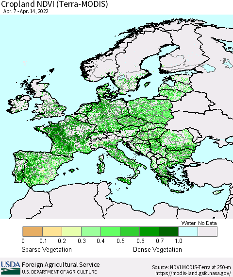 Europe Cropland NDVI (Terra-MODIS) Thematic Map For 4/11/2022 - 4/20/2022
