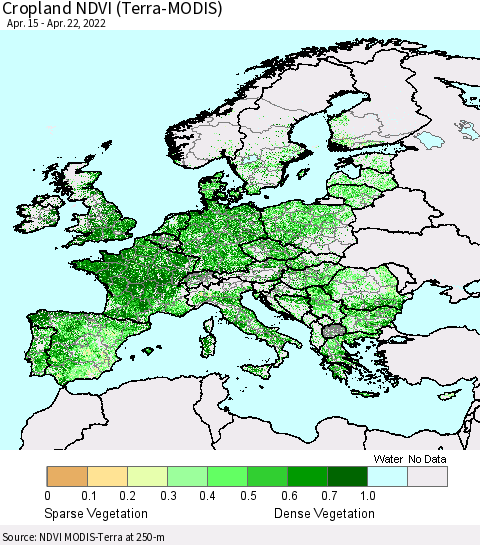 Europe Cropland NDVI (Terra-MODIS) Thematic Map For 4/15/2022 - 4/22/2022