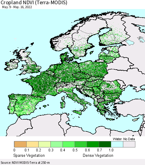 Europe Cropland NDVI (Terra-MODIS) Thematic Map For 5/9/2022 - 5/16/2022