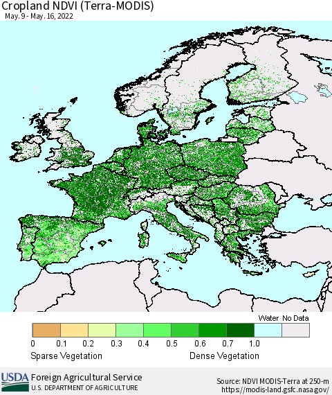 Europe Cropland NDVI (Terra-MODIS) Thematic Map For 5/11/2022 - 5/20/2022
