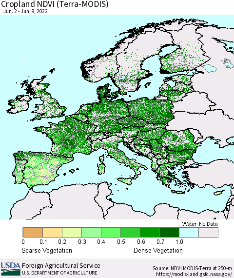 Europe Cropland NDVI (Terra-MODIS) Thematic Map For 6/1/2022 - 6/10/2022