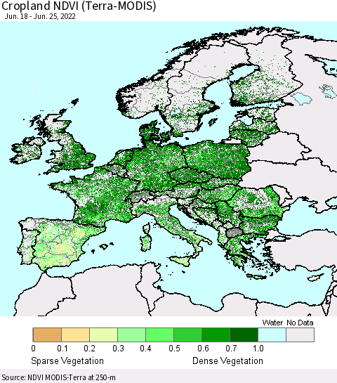 Europe Cropland NDVI (Terra-MODIS) Thematic Map For 6/18/2022 - 6/25/2022
