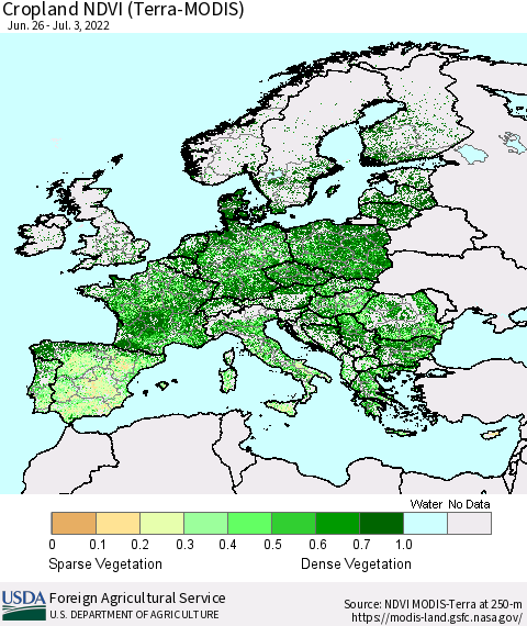 Europe Cropland NDVI (Terra-MODIS) Thematic Map For 7/1/2022 - 7/10/2022