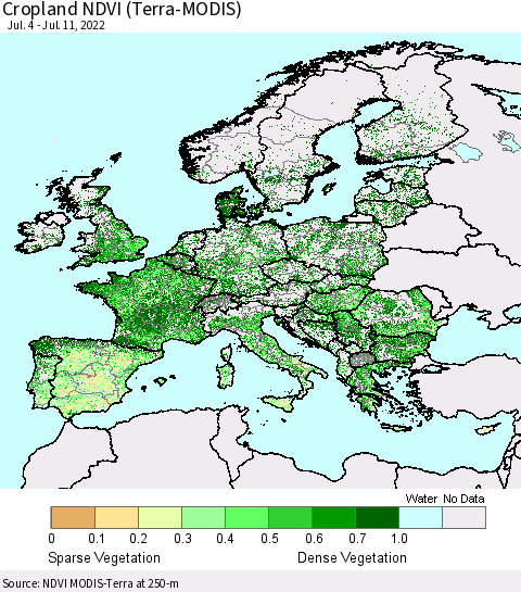 Europe Cropland NDVI (Terra-MODIS) Thematic Map For 7/4/2022 - 7/11/2022