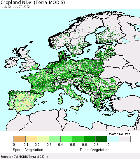 Europe Cropland NDVI (Terra-MODIS) Thematic Map For 7/20/2022 - 7/27/2022