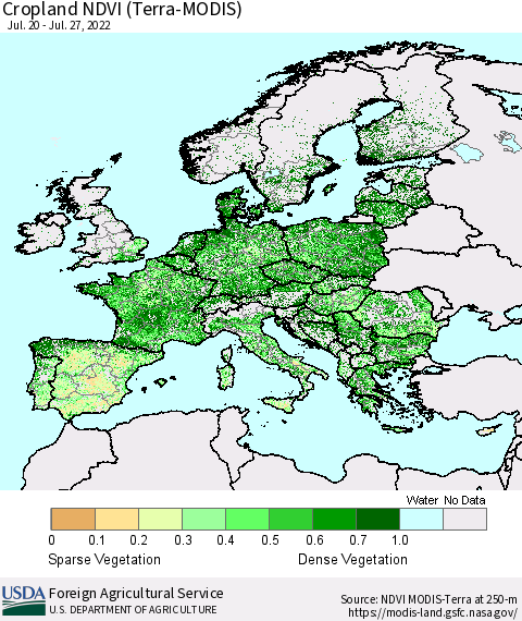 Europe Cropland NDVI (Terra-MODIS) Thematic Map For 7/21/2022 - 7/31/2022