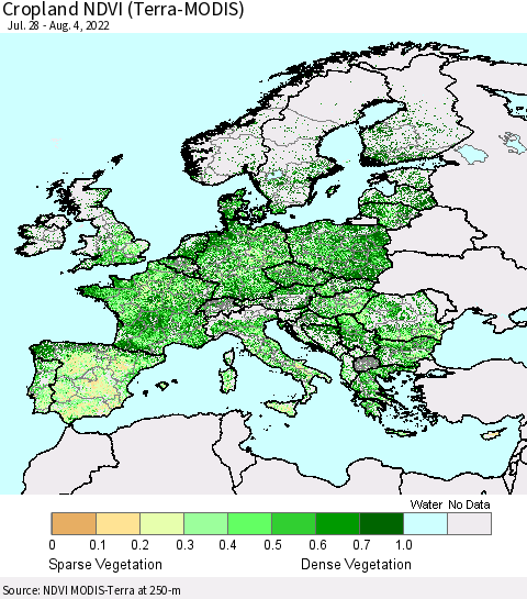 Europe Cropland NDVI (Terra-MODIS) Thematic Map For 7/28/2022 - 8/4/2022