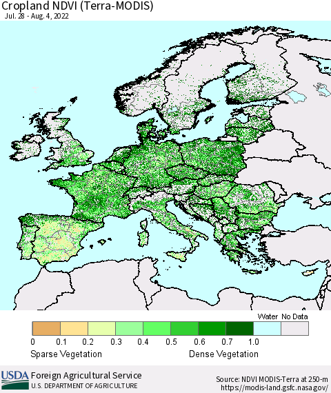 Europe Cropland NDVI (Terra-MODIS) Thematic Map For 8/1/2022 - 8/10/2022