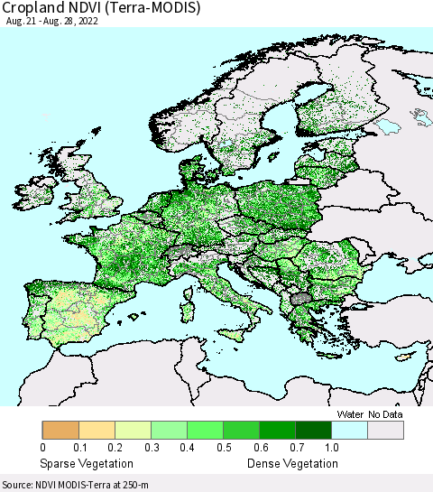 Europe Cropland NDVI (Terra-MODIS) Thematic Map For 8/21/2022 - 8/28/2022