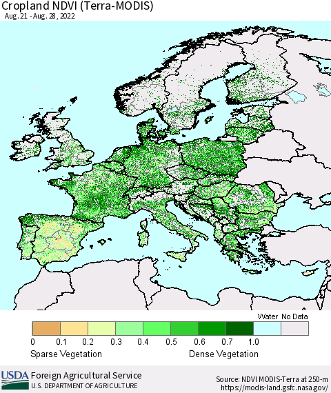 Europe Cropland NDVI (Terra-MODIS) Thematic Map For 8/21/2022 - 8/31/2022