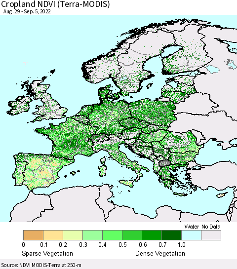 Europe Cropland NDVI (Terra-MODIS) Thematic Map For 8/29/2022 - 9/5/2022