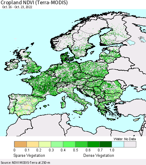Europe Cropland NDVI (Terra-MODIS) Thematic Map For 10/16/2022 - 10/23/2022