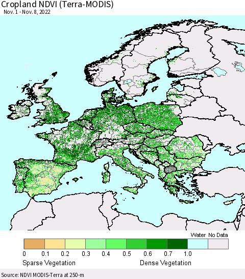 Europe Cropland NDVI (Terra-MODIS) Thematic Map For 11/1/2022 - 11/8/2022