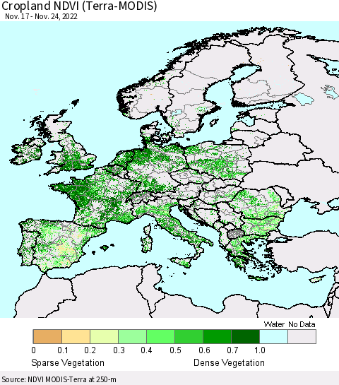 Europe Cropland NDVI (Terra-MODIS) Thematic Map For 11/17/2022 - 11/24/2022