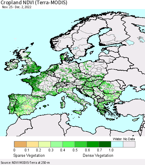 Europe Cropland NDVI (Terra-MODIS) Thematic Map For 11/25/2022 - 12/2/2022