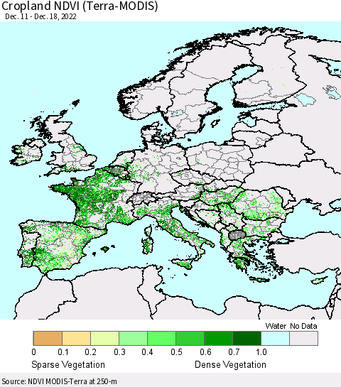 Europe Cropland NDVI (Terra-MODIS) Thematic Map For 12/11/2022 - 12/18/2022