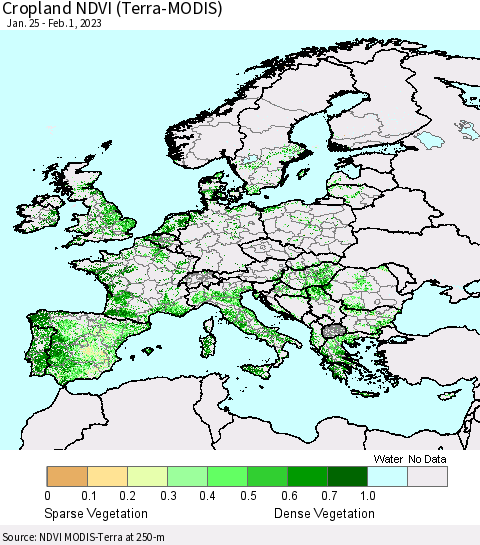 Europe Cropland NDVI (Terra-MODIS) Thematic Map For 1/25/2023 - 2/1/2023