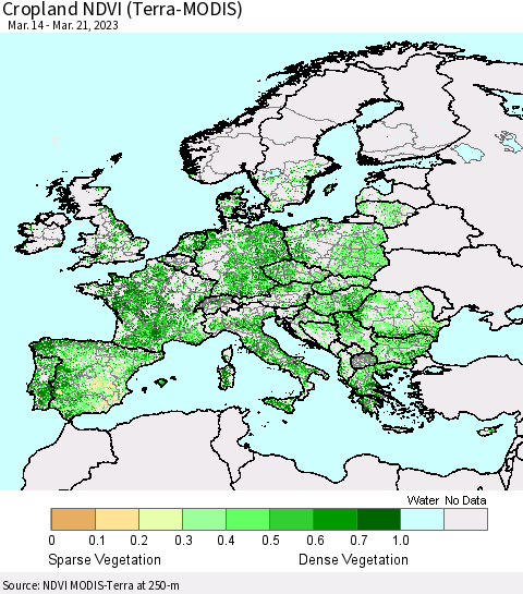 Europe Cropland NDVI (Terra-MODIS) Thematic Map For 3/14/2023 - 3/21/2023